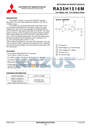 RA35H1516M-01 datasheet - 154-162MHz 40W 12.5V MOBILE RADIO