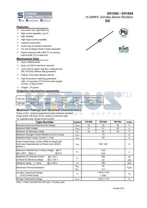SR1502_13 datasheet - 15.0AMPS. Schottky Barrier Rectifiers High reliability