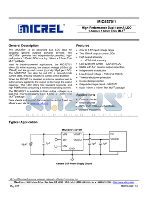 MIC5371-2.8/1.5YMT datasheet - High-Performance Dual 150mA LDO 1.6mm x 1.6mm Thin MLF^