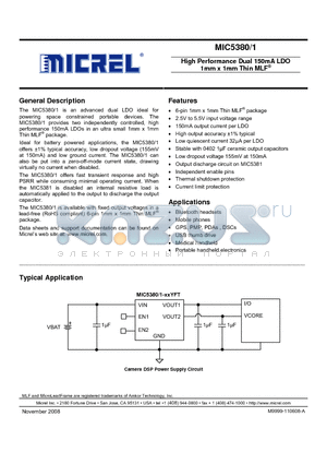 MIC5380-2.6/2.0YFT datasheet - High Performance Dual 150mA LDO 1mm x 1mm Thin MLF