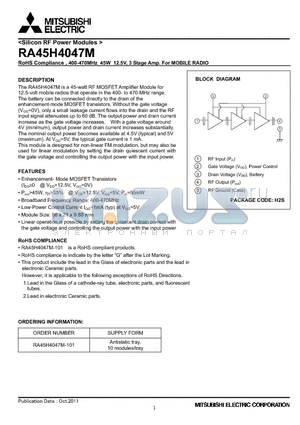 RA45H4047M_11 datasheet - RoHS Compliance , 400-470MHz 45W 12.5V, 3 Stage Amp. For MOBILE RADIO