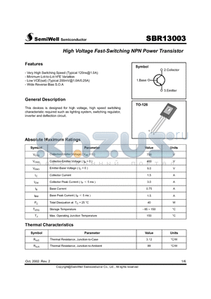 SBR13003 datasheet - High Voltage Fast-Switching NPN Power Transistor