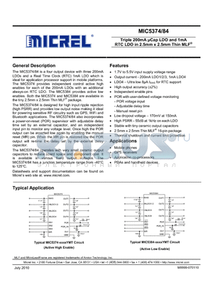 MIC5384-MG44YMT datasheet - Triple 200mA lCap LDO and 1mA RTC LDO in 2.5mm x 2.5mm Thin MLF^