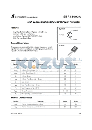 SBR13003A datasheet - High Voltage Fast-Switching NPN Power Transistor