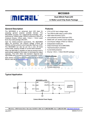 MIC5388 datasheet - Dual 200mA Peak LDO in Wafer Level Chip Scale Package