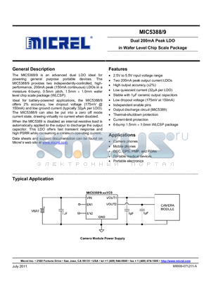 MIC5388-G4YCS datasheet - Dual 200mA Peak LDO in Wafer Level Chip Scale Package