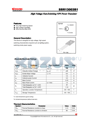 SBR13003B1 datasheet - High Voltage Fast-SwitchingNPN Power Transistor