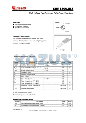 SBR13003B3 datasheet - High Voltage Fast-Switching NPN Power Transistor