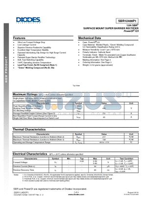 SBR1U400P1-7 datasheet - 1.0A SBR SURFACE MOUNT SUPER BARRIER RECTIFIER PowerDI 123