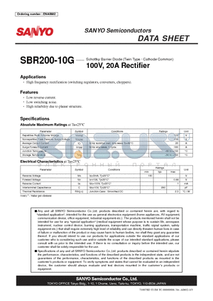 SBR200-10G datasheet - Schottky Barrier Diode (Twin Type g Cathode Common) 100V, 20A Rectifier