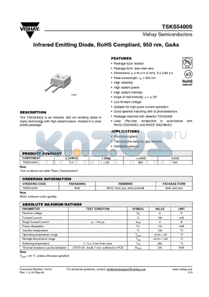 TSKS5400S_08 datasheet - Infrared Emitting Diode, RoHS Compliant, 950 nm, GaAs