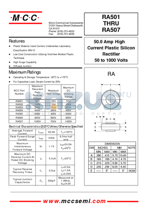 RA502 datasheet - 50.0 Amp High Current Plastic Silicon Rectifier 50 to 1000 Volts