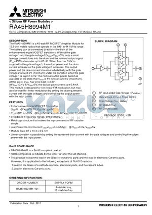 RA45H8994M1-101 datasheet - RoHS Compliance, 896-941MHz 45W 12.8V, 2 Stage Amp. For MOBILE RADIO