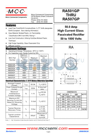 RA507GP datasheet - 50.0 Amp High Current Glass Passivated Rectifier 50 to 1000 Volts