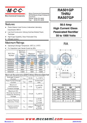 RA507GP datasheet - 50.0 Amp High Current Glass Passivated Rectifier 50 to 1000 Volts