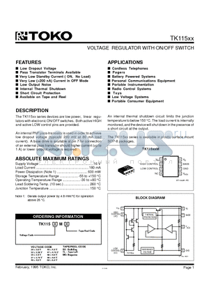 TK11545MTL datasheet - VOLTAGE REGULATOR WITH ON/OFF SWITCH