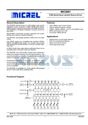 MIC5891BN datasheet - 8-Bit Serial-Input Latched Source Driver