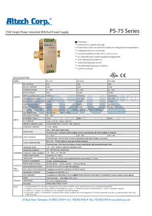 PS-7524 datasheet - 75W Single Phase Industrial DIN Rail Power Supply