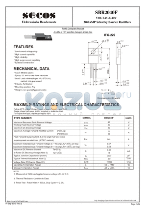 SBR2040F datasheet - 20.0AMP Schottky Barrier Rectifiers