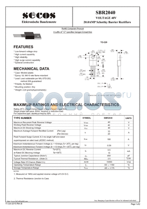 SBR2040_10 datasheet - VOLTAGE 40V 20.0AMP Schottky Barrier Rectifiers
