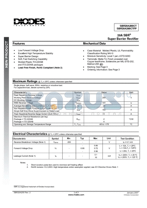 SBR20A200CTFP datasheet - 20A SBR Super Barrier Rectifier