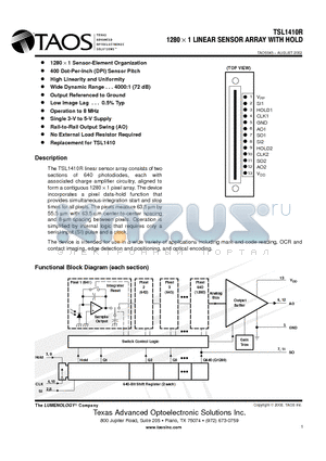 TSL1410R datasheet - 1280 X 1 LINEAR SENSOR ARRAY WITH HOLD