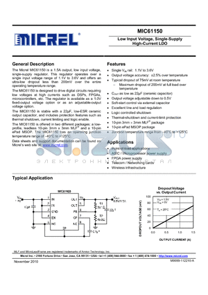 MIC61150-10YML datasheet - Low Input Voltage, Single-Supply High-Current LDO