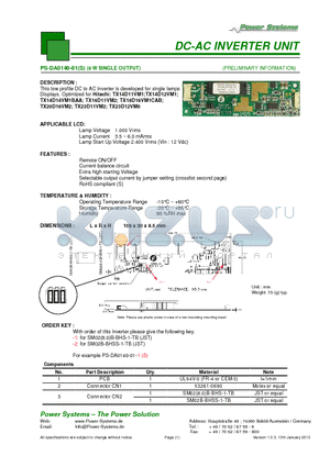 PS-DA0140-01S datasheet - DC-AC INVERTER UNIT 8 W SINGLE OUTPUT