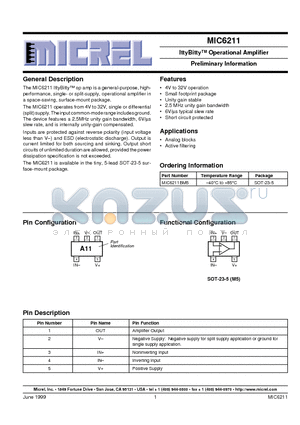 MIC6211 datasheet - IttyBitty Operational Amplifier Preliminary Information