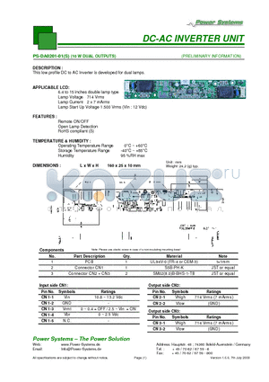 PS-DA0201-01 datasheet - DC-AC INVERTER UNIT 10 W DUAL OUTPUTS