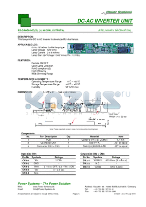 PS-DA0201-02S datasheet - DC-AC INVERTER UNIT 10 W DUAL OUTPUTS