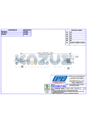 PE3154LF datasheet - CABLE ASSEMBLY RG58C/U SMA MALE TO TNC MALE (LEAD FREE)