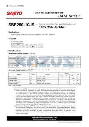 SBR250-10JS datasheet - Schottky Barrier Diode (Twin Type - Cathode Common) 100V, 25A Rectifier