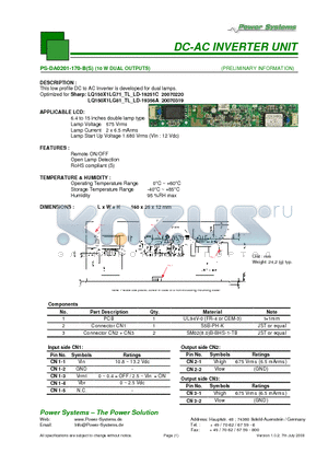 PS-DA0201-170-B datasheet - DC-AC INVERTER UNIT 10 W DUAL OUTPUTS