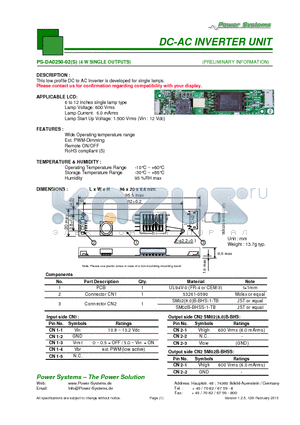 PS-DA0250-02S datasheet - DC-AC INVERTER UNIT 4 W SINGLE OUTPUTS