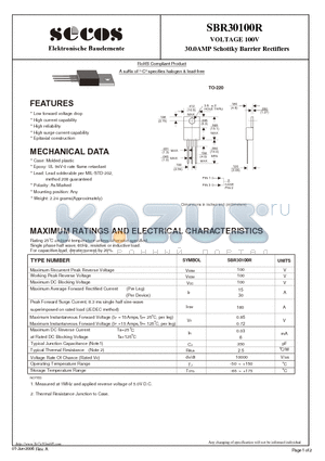 SBR30100R datasheet - VOLTAGE 100V 30.0AMP Schottky Barrier Rectifiers