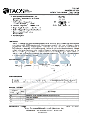 TSL237T datasheet - HIGH-SENSITIVITY LIGHT-TO-FREQUENCY CONVERTER