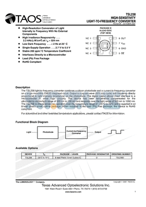 TSL238D datasheet - HIGH-SENSITIVITY LIGHT-TO-FREQUENCY CONVERTER