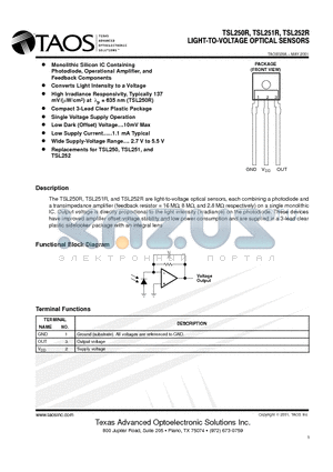 TSL250R datasheet - LIGHTTOVOLTAGE OPTICAL SENSORS