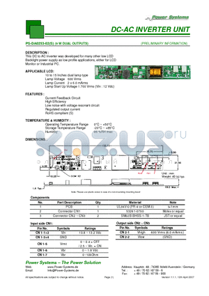 PS-DA0253-02 datasheet - DC-AC INVERTER UNIT 9 W DUAL OUTPUTS