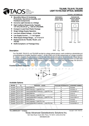 TSL250R-LF datasheet - LIGHT-TO-VOLTAGE OPTICAL SENSORS