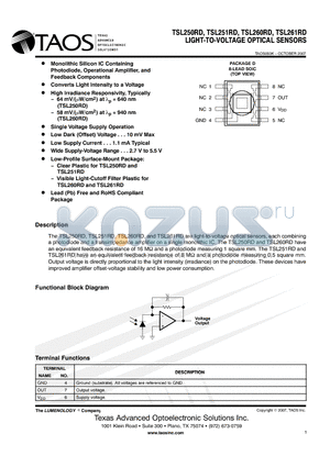 TSL250RD datasheet - LIGHT-TO-VOLTAGE OPTICAL SENSORS