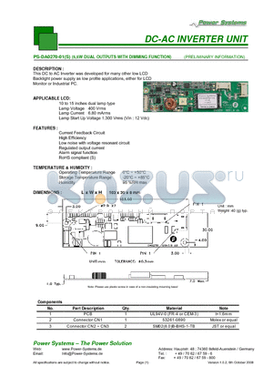 PS-DA0270-01 datasheet - DC-AC INVERTER UNIT 5,5W DUAL OUTPUTS WITH DIMMING FUNCTION