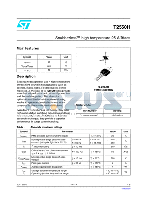T2550H600T datasheet - Snubberless high temperature 25 A Triacs