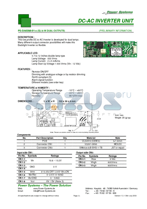 PS-DA0288-01-1S datasheet - DC-AC INVERTER UNIT 8 W DUAL OUTPUTS