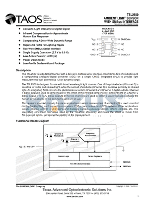 TSL2550 datasheet - AMBIENT LIGHT SENSOR WITH SMBus INTERFACE