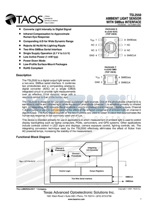 TSL2550D datasheet - AMBIENT LIGHT SENSOR WITH SMBus INTERFACE