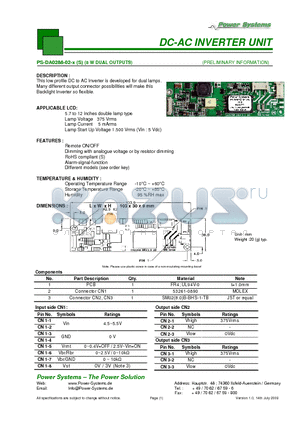PS-DA0288-02-3 datasheet - DC-AC INVERTER UNIT 8 W DUAL OUTPUTS