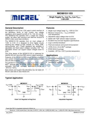 MIC69153YML datasheet - Single Supply VIN, Low VIN, Low VOUT, 1.5A LDO