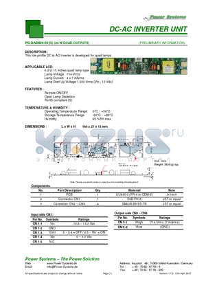 PS-DA0404-01 datasheet - DC-AC INVERTER UNIT 24 W QUAD OUTPUTS
